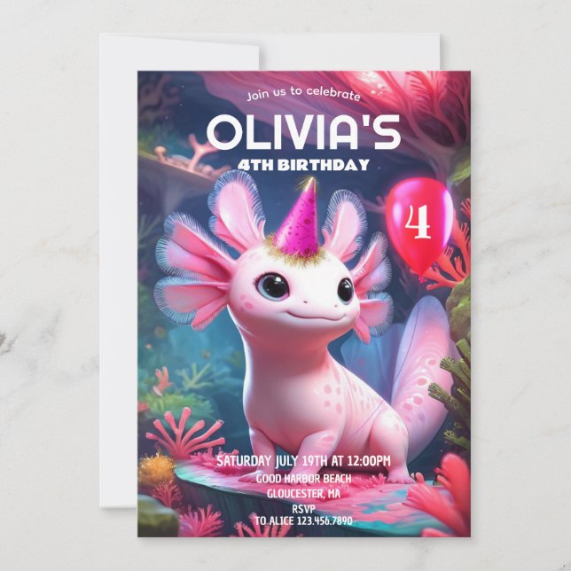 Cute Rosa Girl Axolotl Birthday Inbjudningar (Framsida)