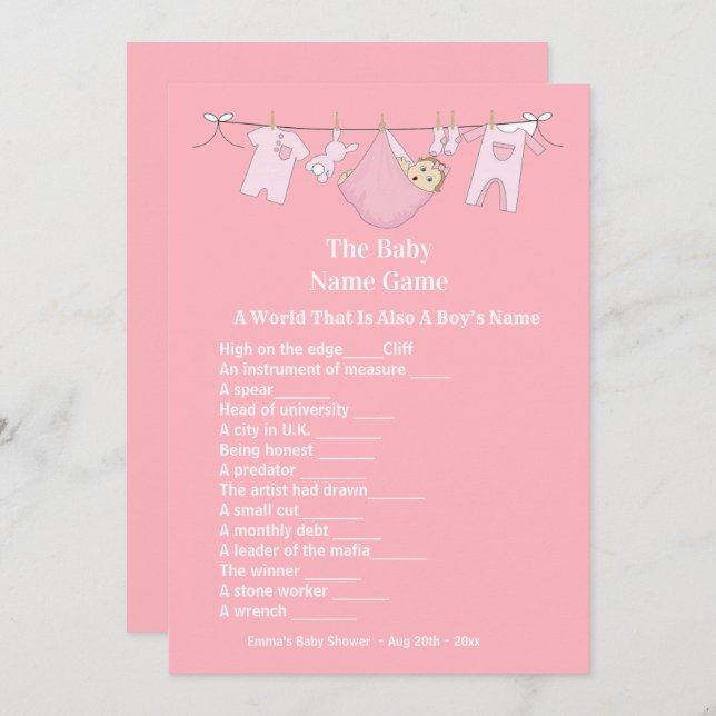 Cute Rosa Girl Baby Shower Guessing Game Inbjudningar (Fram/baksida)
