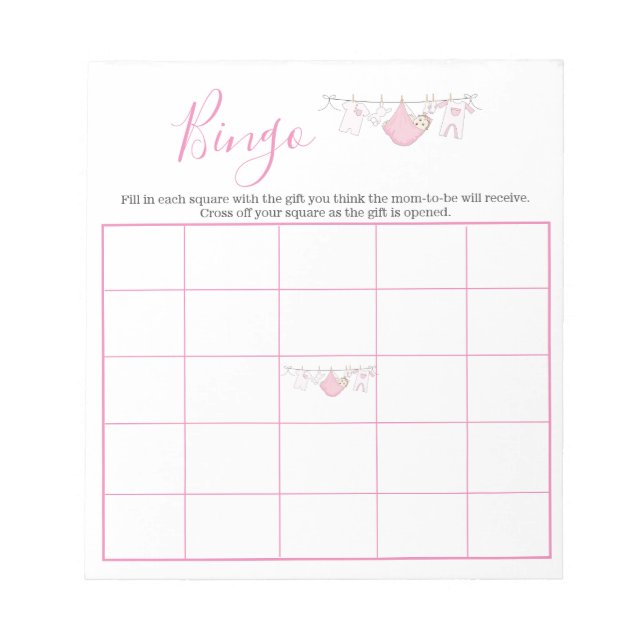Cute Rosa Girl Clothesline Baby Shower Bingo Game Anteckningsblock (Framsida)