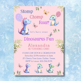 Cute Rosa Girl Dinosaur 1:a födelsedagen Party Inbjudningar