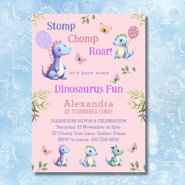 Cute Rosa Girl Dinosaur 1:a födelsedagen Party Inbjudningar (Skapare uppladdad)