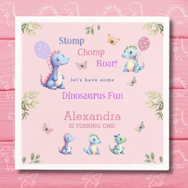 Cute Rosa Girl Dinosaur 1:a födelsedagen Party Pappersservett