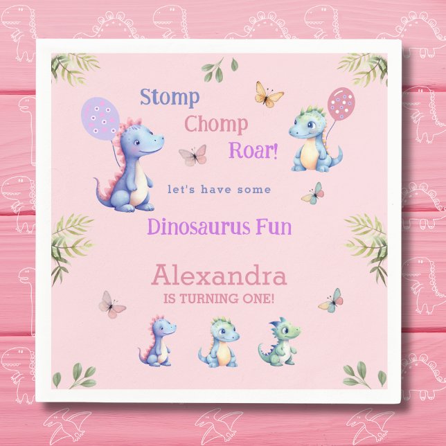 Cute Rosa Girl Dinosaur 1:a födelsedagen Party Pappersservett (Skapare uppladdad)
