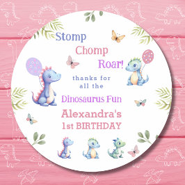 Cute Rosa Girl Dinosaur 1:a födelsedagen Tack Runt Klistermärke