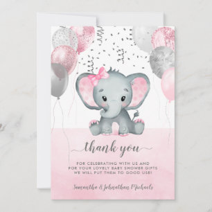 Cute Rosa Girl Elephant Balloons Baby Shower Tack Kort