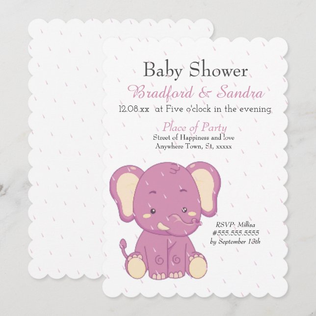 Cute Rosa Girl Elephant Simple Baby Shower Inbjudningar (Fram/baksida)