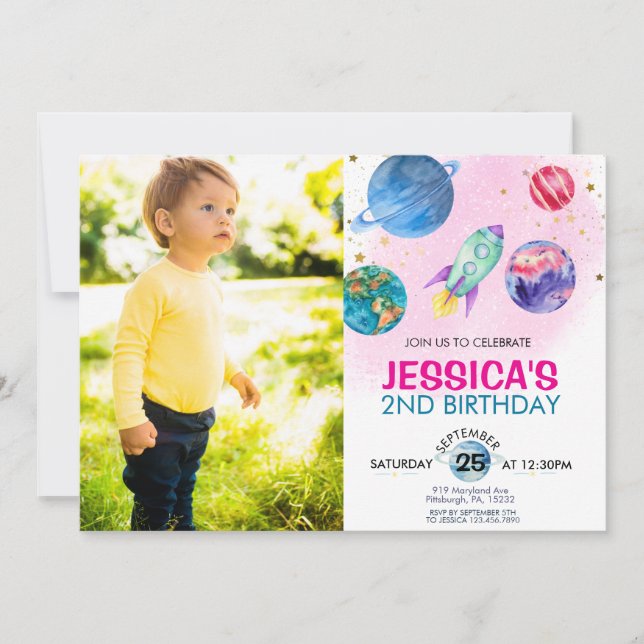 Cute Rosa Girl Girl Party Astronaut Birthday Inbjudningar (Framsida)