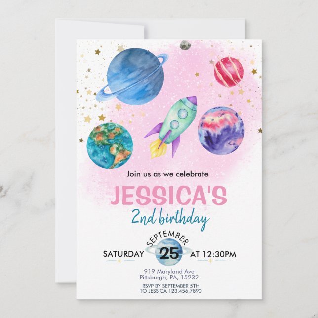 Cute Rosa Girl Girl Party Astronaut Birthday Inbjudningar (Framsida)