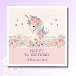 Cute  Rosa Girl Unicorn 1:a födelsedagen Pappersservett