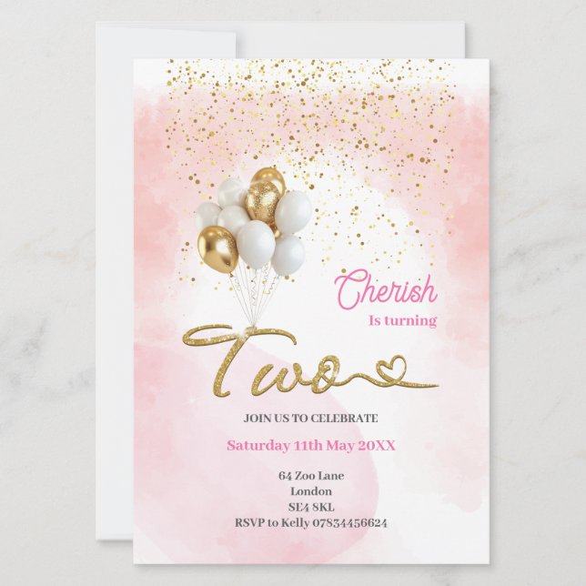 Cute Rosa Girls andra födelsedagsinbjudan Inbjudningar (Framsida)