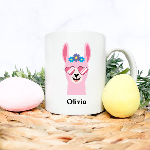 Cute Rosa Girls Llama Personalize Namn Kaffemugg