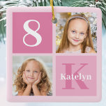 Cute Rosa Girls Photo Collage Personlig Julgransprydnad Keramik<br><div class="desc">Coola 2-fotofyrkantigt prydnadsföremål för en liten flicka eller småbarn. Märk ditt barns födelsedag med söta fotografier av dem på detta sätt och lägg till ditt eget foto med vackra söt rosa-rutor. Lägg till namn och ålder.</div>