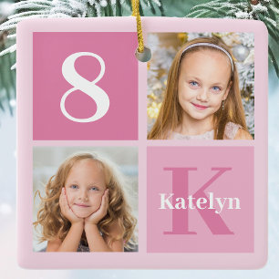 Cute Rosa Girls Photo Collage Personlig Julgransprydnad Keramik