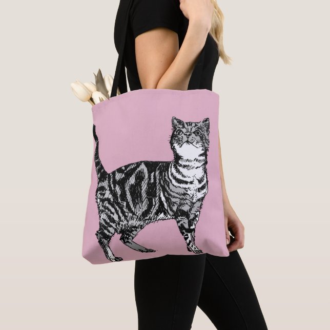 Cute Rosa Girls Room Tabby katt Livsmedel Tote Bag Tygkasse (Närbild)