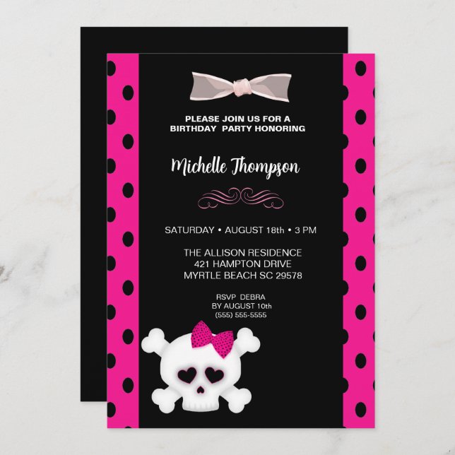 Cute Rosa Girls Skull Birthday-inbjudan Inbjudningar (Fram/baksida)