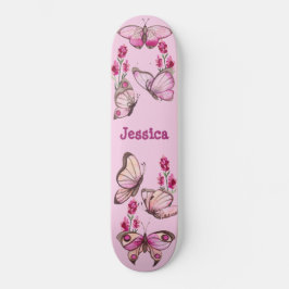 Cute Rosa Girly Butterflies Blommigt Monogram Mini Skateboard Bräda 18,5 Cm