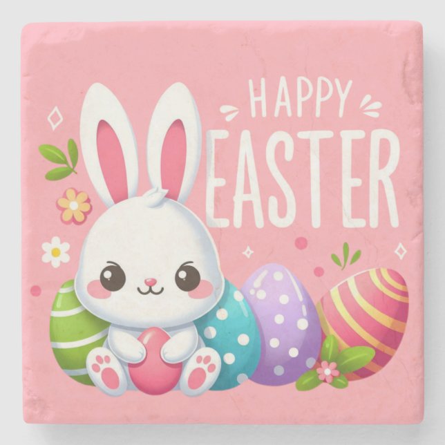 Cute, rosa glad påsk bunny stenunderlägg (Framsidan)