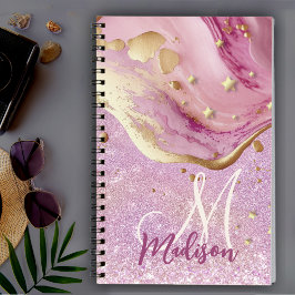 Cute rosa glitter guld marble art monogram anteckningsbok