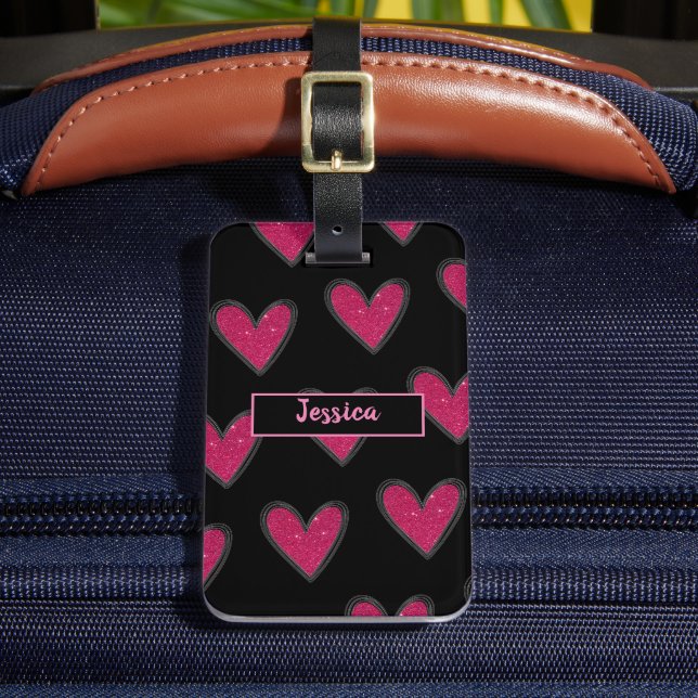 Cute Rosa Glitter Hearts Bagagebricka (Framsida Insitu 2)