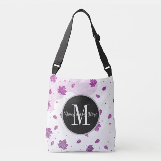 Cute Rosa Glitter Höst löv Lägg till ditt namn Axelväska (Framsida)