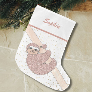 Cute  Rosa Glitter Sloth Namn Stor Julstrumpa