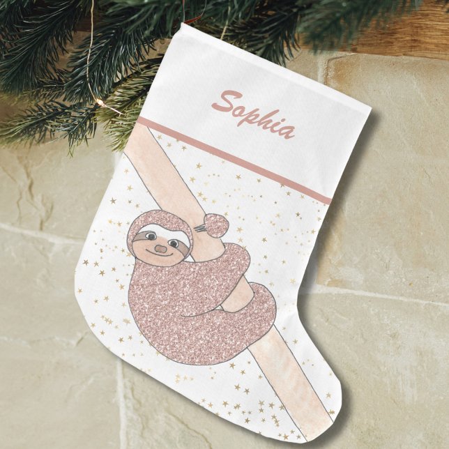 Cute  Rosa Glitter Sloth Namn Stor Julstrumpa (Skapare uppladdad)