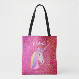 Cute Rosa Glitter Unicorn Personlig Namn Tygkasse