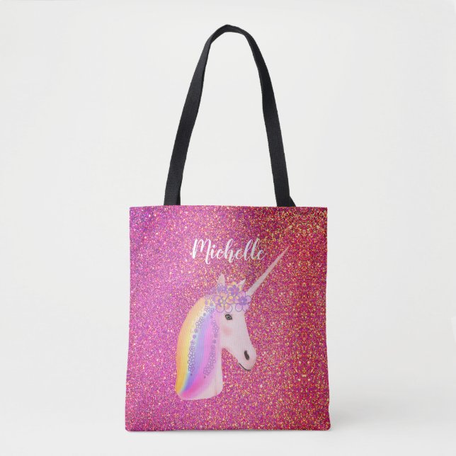 Cute Rosa Glitter Unicorn Personlig Namn Tygkasse (Framsida)