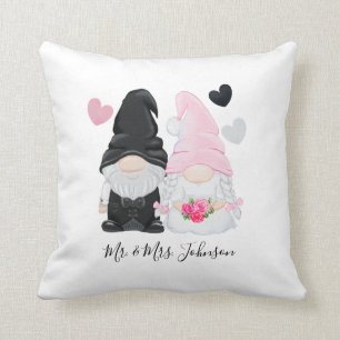 Cute Rosa Gnome Bride och Groom Bröllop Kudde