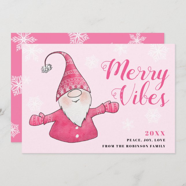 Cute Rosa Gnome Merry Vibes jul Julkort (Fram/baksida)