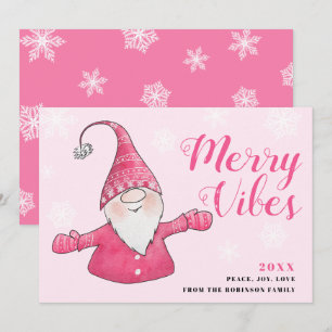 Cute Rosa Gnome Merry Vibes jul Julkort