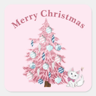 Cute Rosa God jul Träd & Kitten Fyrkantigt Klistermärke
