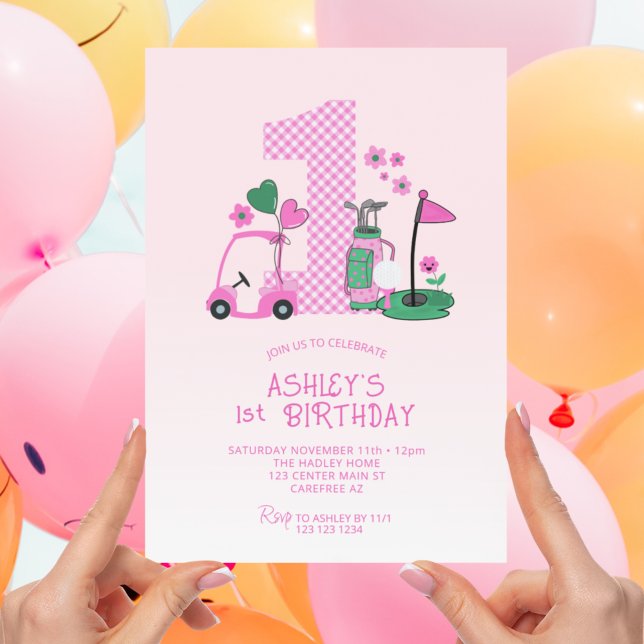 Cute Rosa Golf 1:a födelsedagsinbjudan Inbjudningar (Skapare uppladdad)