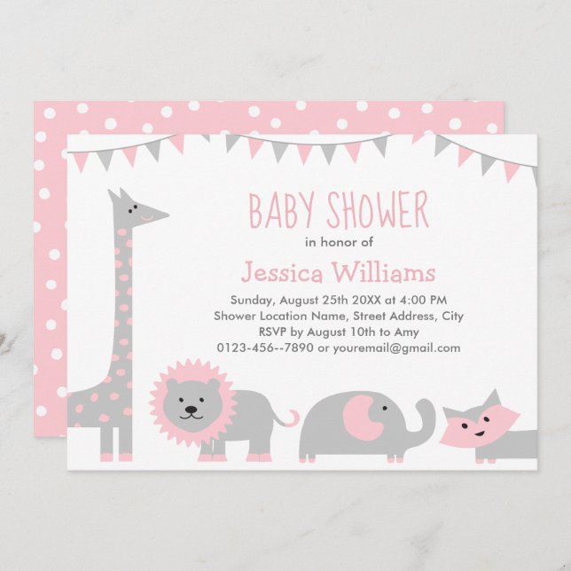 Cute Rosa Grått Animals Baby Shower-inbjudan Girl Inbjudningar (Fram/baksida)