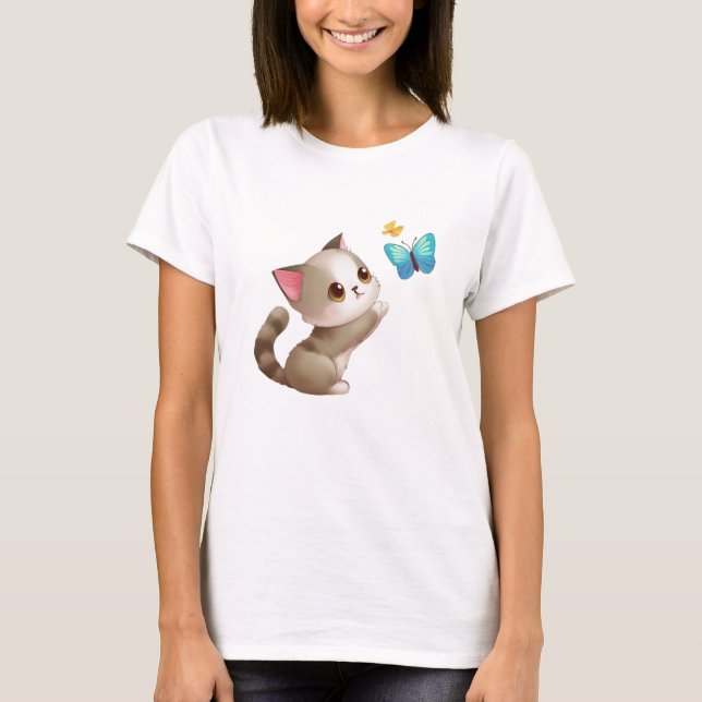 Cute Rosa Grått Brown Cat Blue Butterfly Black Sta T Shirt (Framsida)