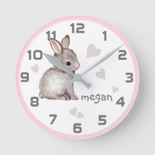 Cute Rosa Grått Bunny Heart Clock Rund Klocka