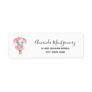 Cute Rosa & Grått Elephant Ballerina Returadress Etikett
