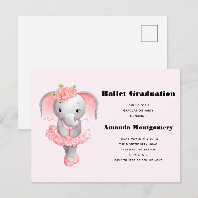 Cute Rosa & Grått Elephant Ballerina Studenten Inbjudan Vykort (Fram/baksida)