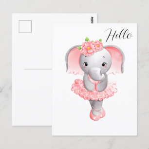 Cute Rosa & Grått Elephant Ballerina Vykort