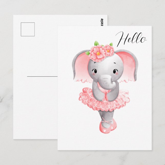 Cute Rosa & Grått Elephant Ballerina Vykort (Fram/baksida)