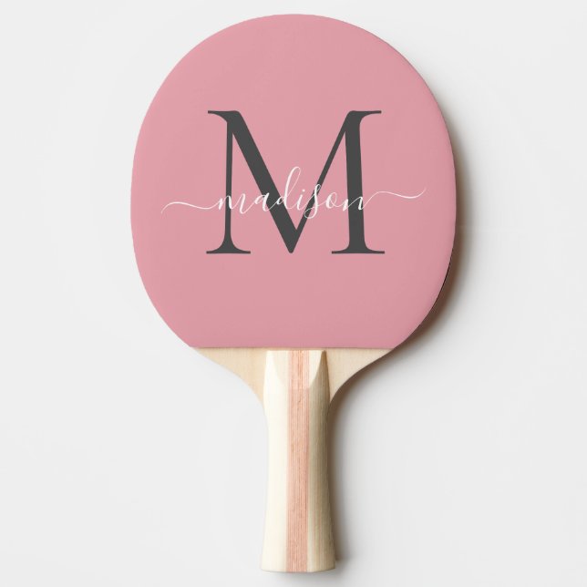 Cute  Rosa Grått Monogram Elegant Script Namn Pingisracket (Framsidan)