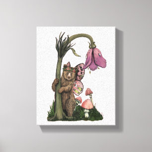 Cute Rosa Grizzly Bear Fairy in Enchanted Forest Canvastryck