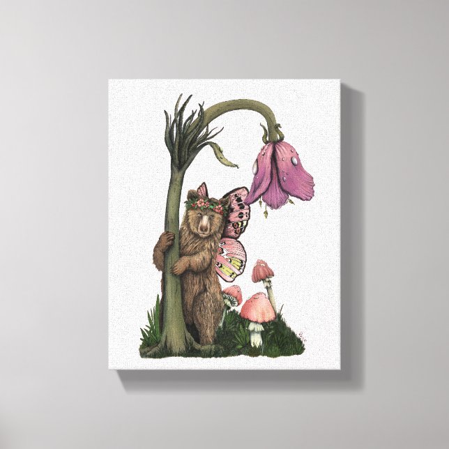 Cute Rosa Grizzly Bear Fairy in Enchanted Forest Canvastryck (Framsida)