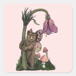 Cute Rosa Grizzly Bear Fairy in Enchanted Forest Fyrkantigt Klistermärke