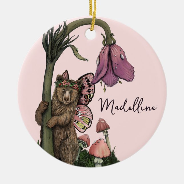 Cute Rosa Grizzly Bear Fairy in Woodland Forest Julgransprydnad Keramik (Framsidan)