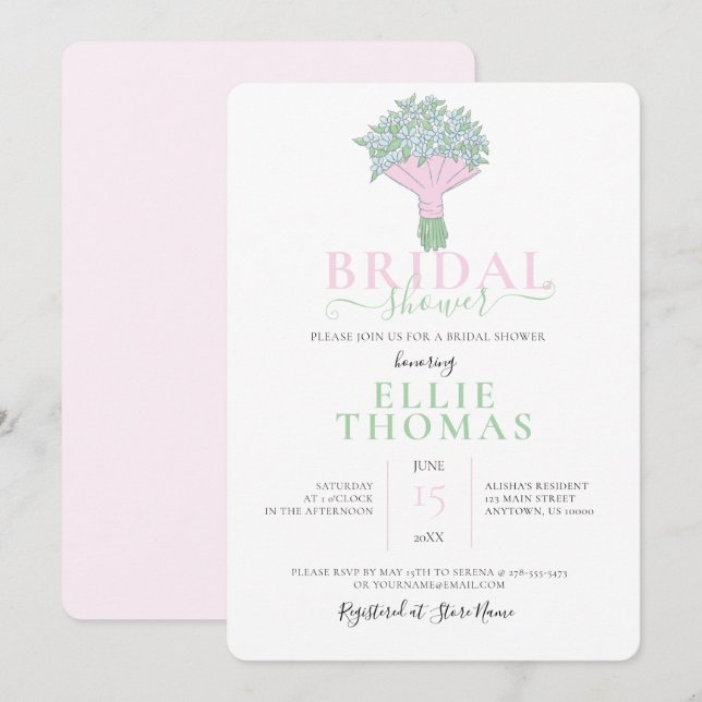 Cute Rosa & Grönt Bouquet Inbjudningskort för möhi (Fram/baksida)