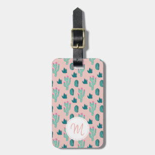 Cute Rosa Grönt Cactus Mönster med Monogram Bagagebricka