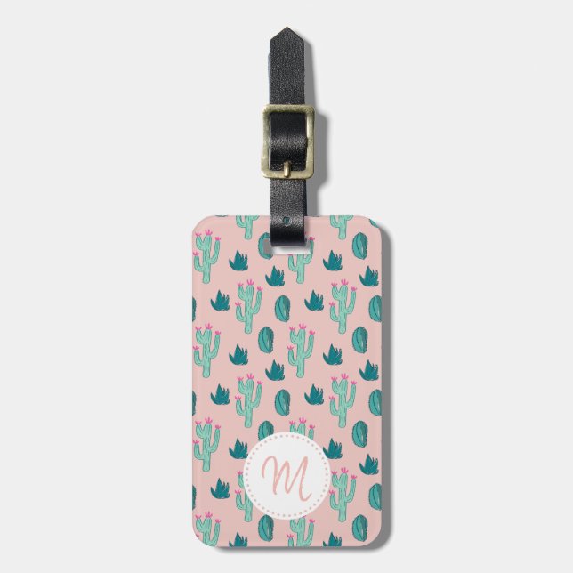 Cute Rosa Grönt Cactus Mönster med Monogram Bagagebricka (Vertikal Framsida)