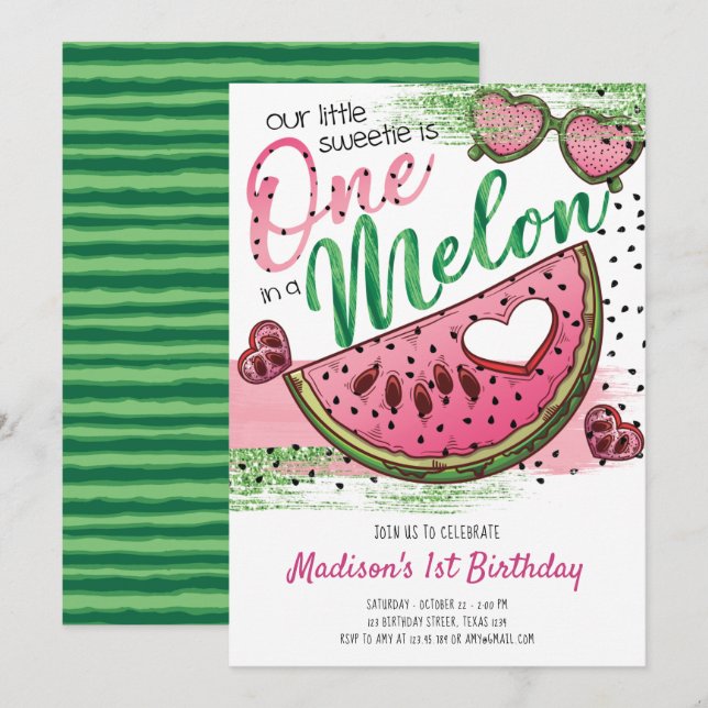 Cute Rosa Grönt ett på Melon 1:a födelsedagen Inbjudningar (Fram/baksida)