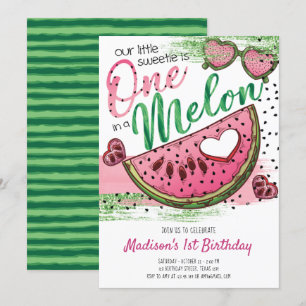 Cute Rosa Grönt ett på Melon 1:a födelsedagen Inbjudningar